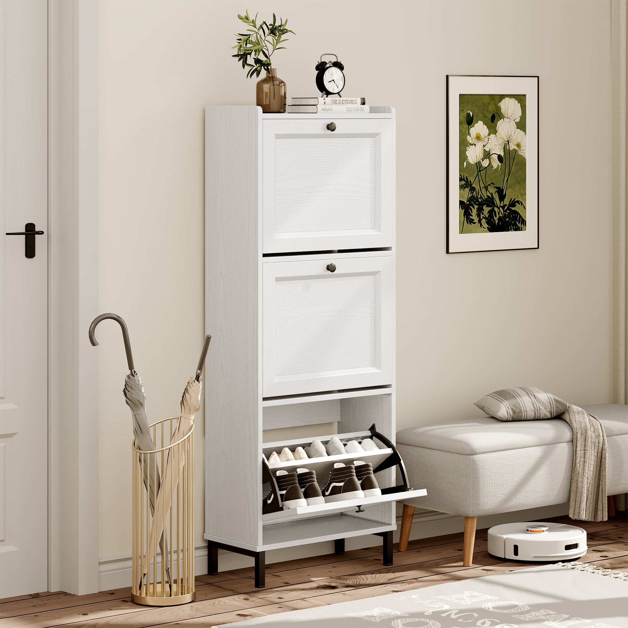 Bealife FS52 Slim Shoe Cabinet with 3 Tipping Doors and Metal Legs