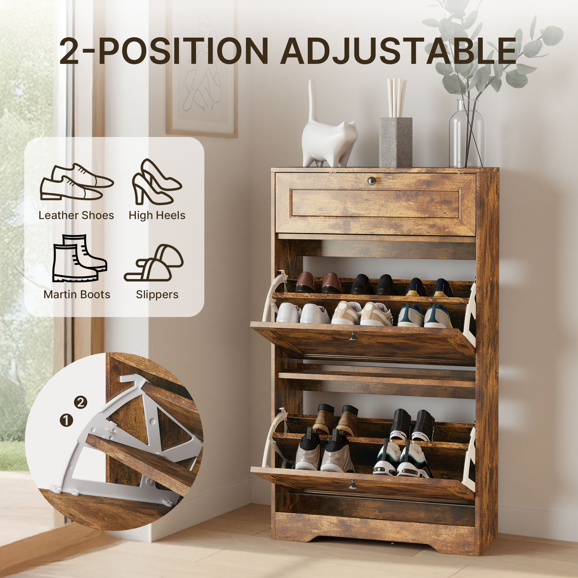 Bealife FS58 Shoe Cabinet with 2 Tilt-Out Drawers & Top Drawer, Anti-Tip Kit, Adjustable Shelves