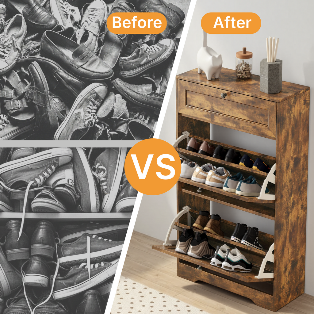 Meuble à chaussures Bealife FS58 avec 2 compartiments basculants et tiroir supérieur, anti-basculement, étagères réglables en hauteur