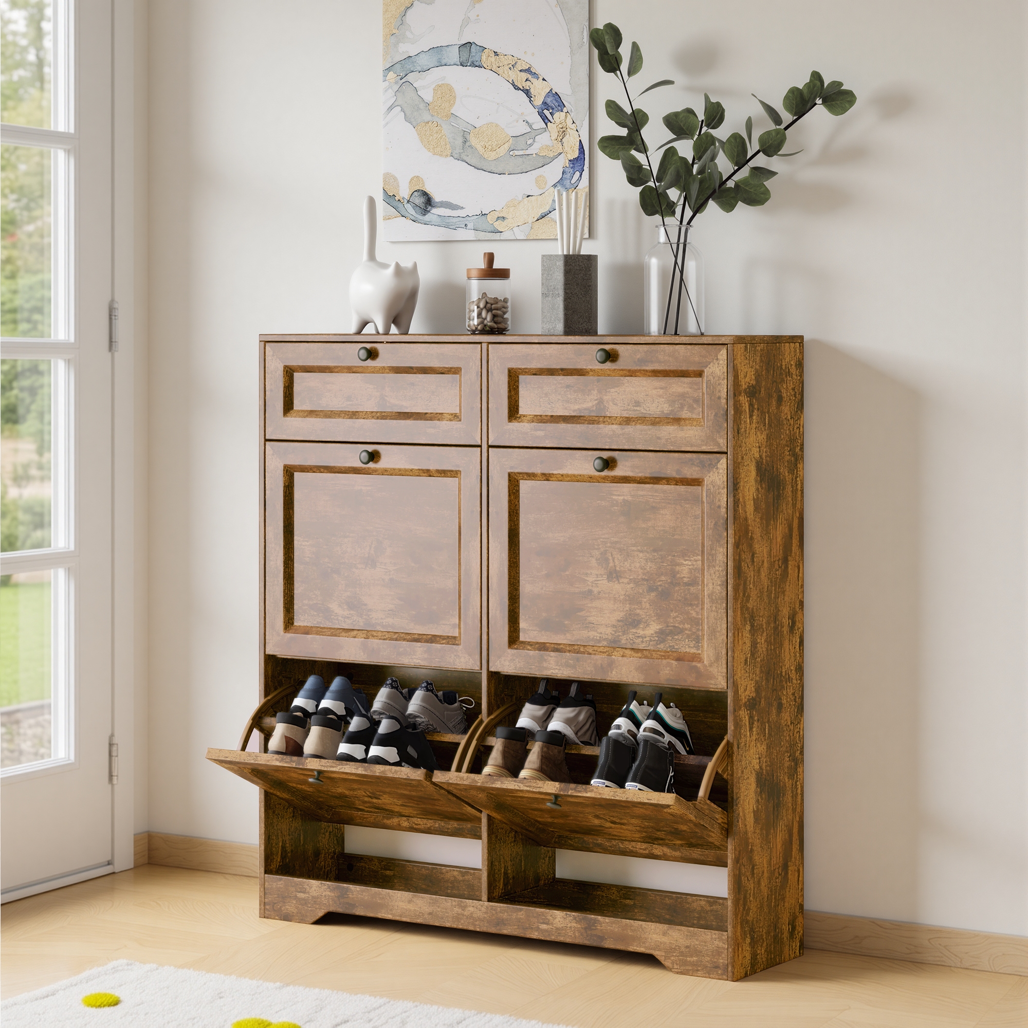 Bealife FS59 Shoe Cabinet with 4 Tilt-Out Drawers & 2 Storage Drawers, Anti-Tipping Device and Height-Adjustable Shelves