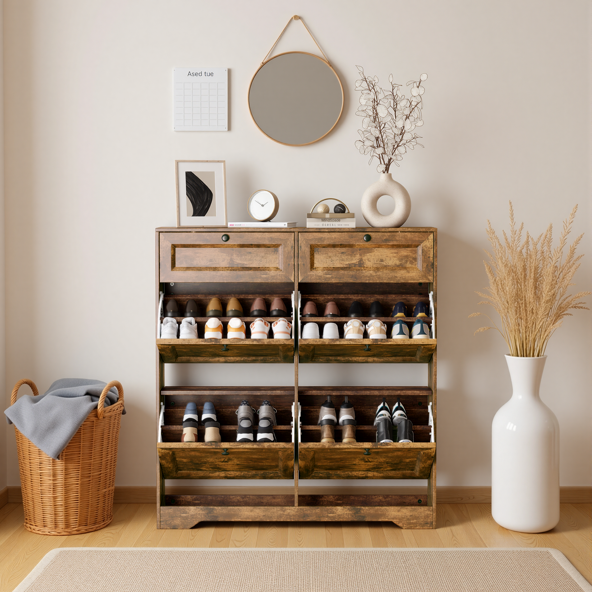 Bealife FS59 Shoe Cabinet with 4 Tilt-Out Drawers & 2 Storage Drawers, Anti-Tipping Device and Height-Adjustable Shelves