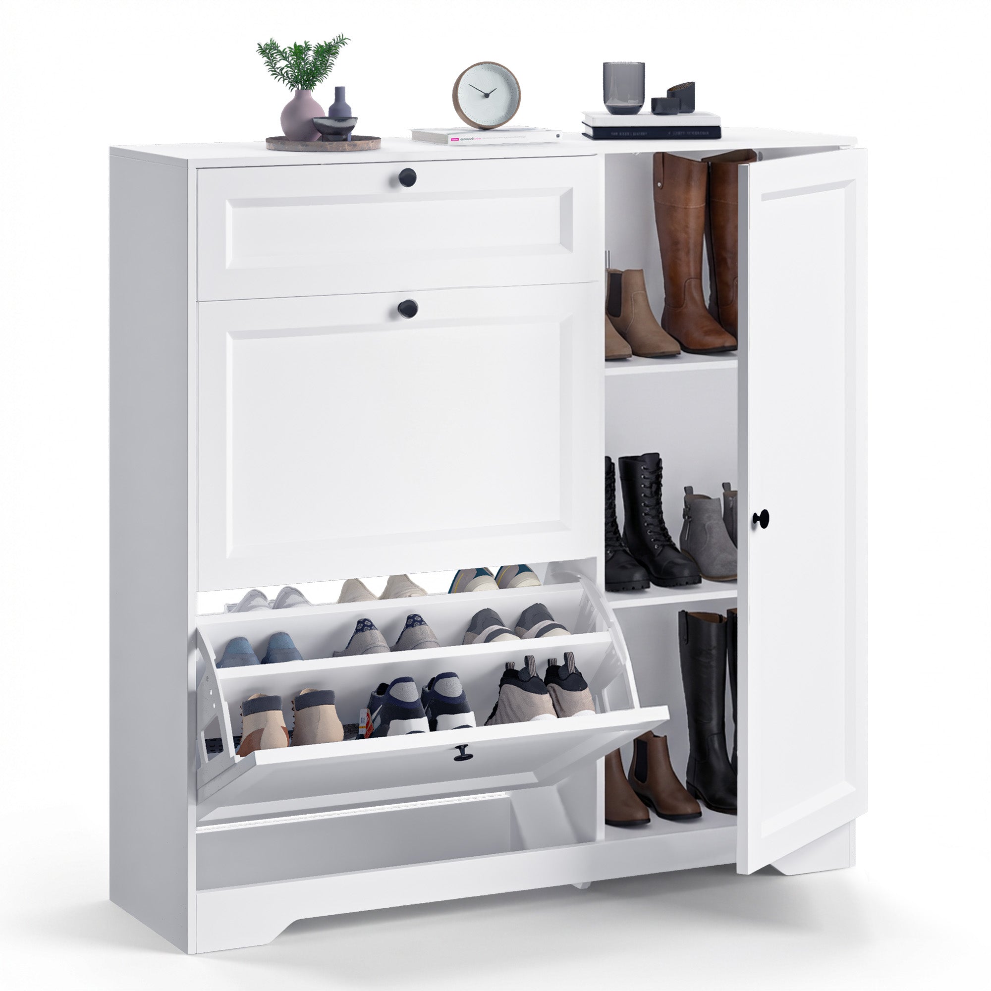 Meuble à chaussures Bealife FS60 3-en-1 avec 2 portes abattantes et 1 placard réglable à deux niveaux