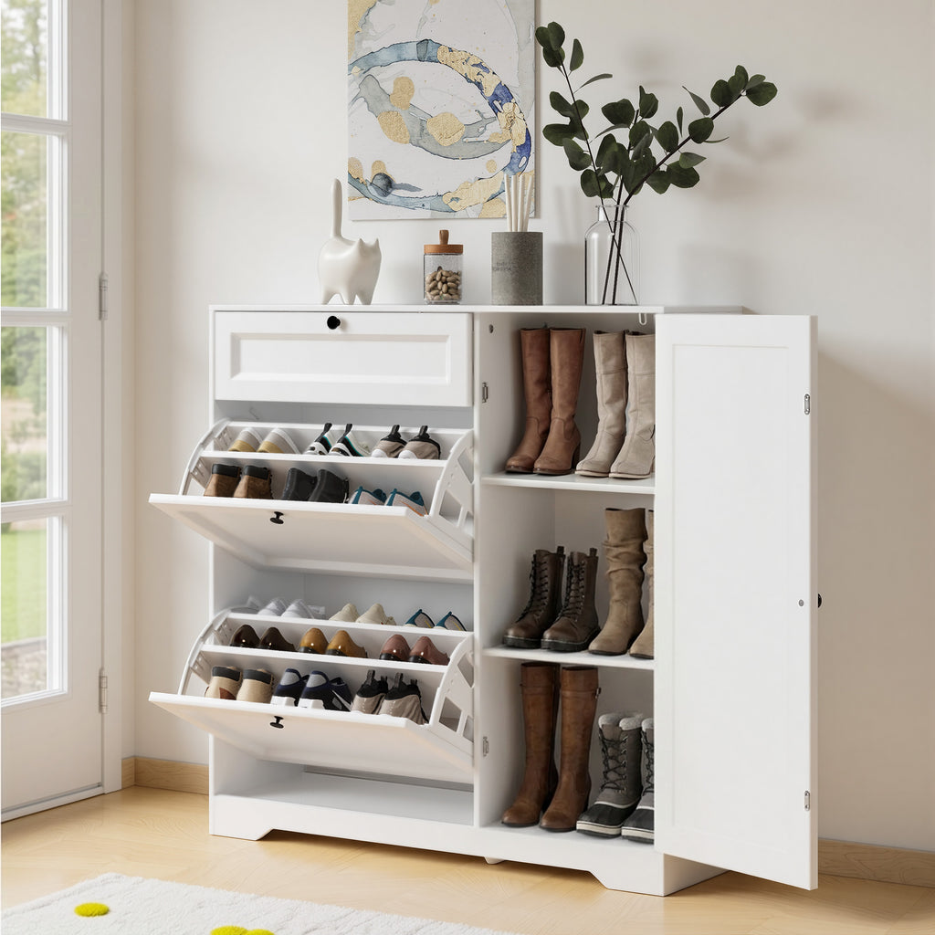 Meuble à chaussures Bealife FS60 3-en-1 avec 2 portes abattantes et 1 placard réglable à deux niveaux