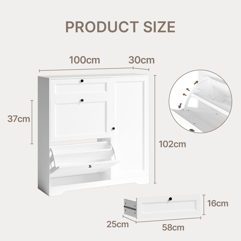 Meuble à chaussures Bealife FS60 3-en-1 avec 2 portes abattantes et 1 placard réglable à deux niveaux