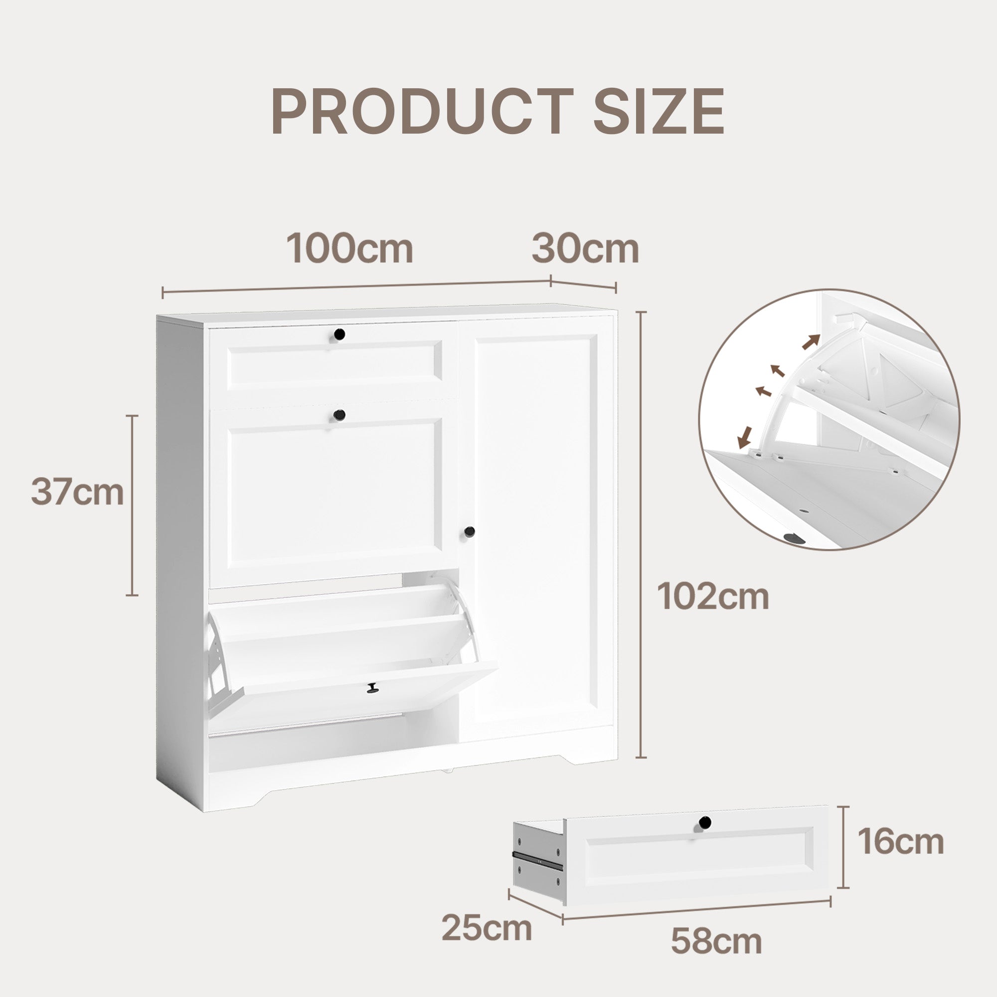 Meuble à chaussures Bealife FS60 3-en-1 avec 2 portes abattantes et 1 placard réglable à deux niveaux