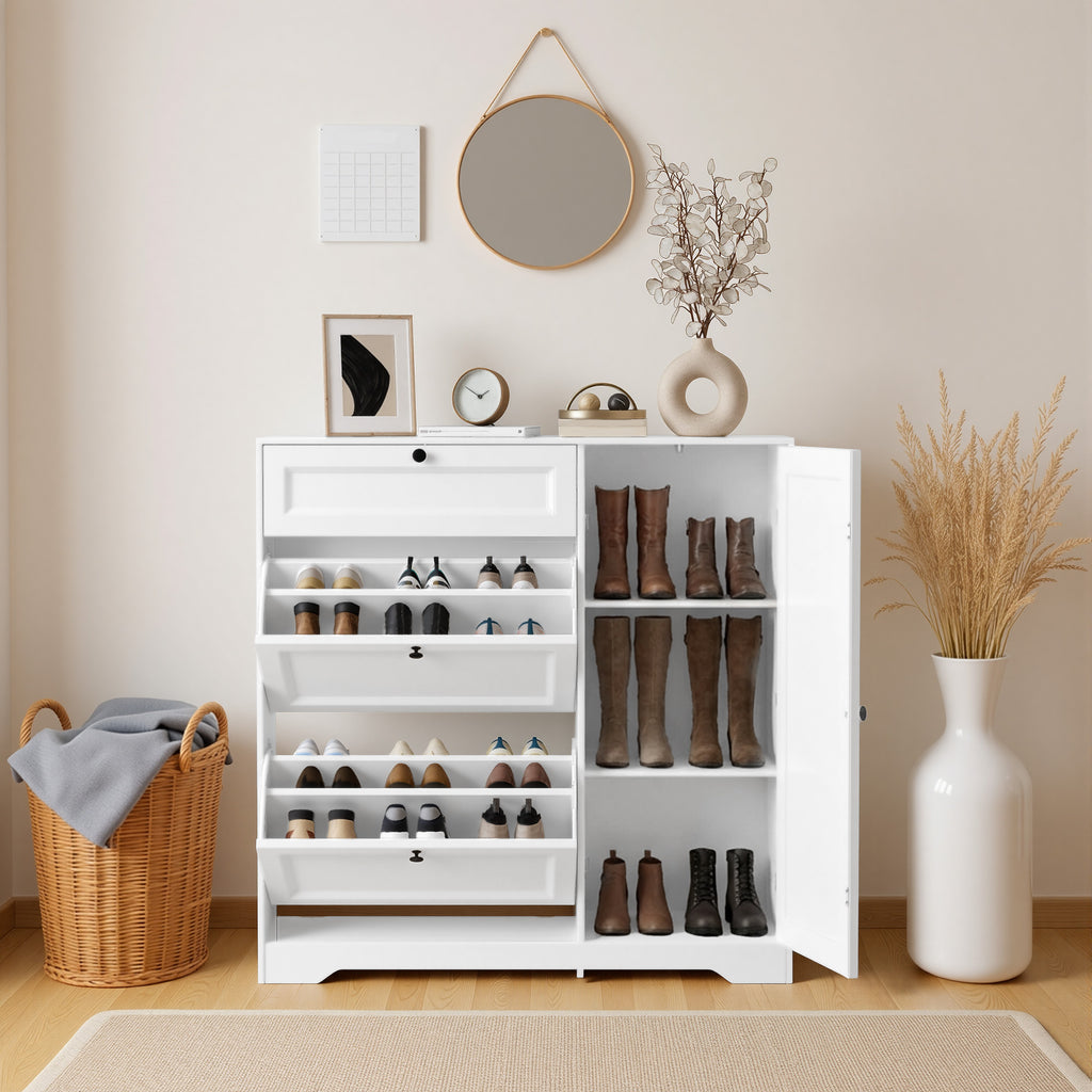 Meuble à chaussures Bealife FS60 3-en-1 avec 2 portes abattantes et 1 placard réglable à deux niveaux