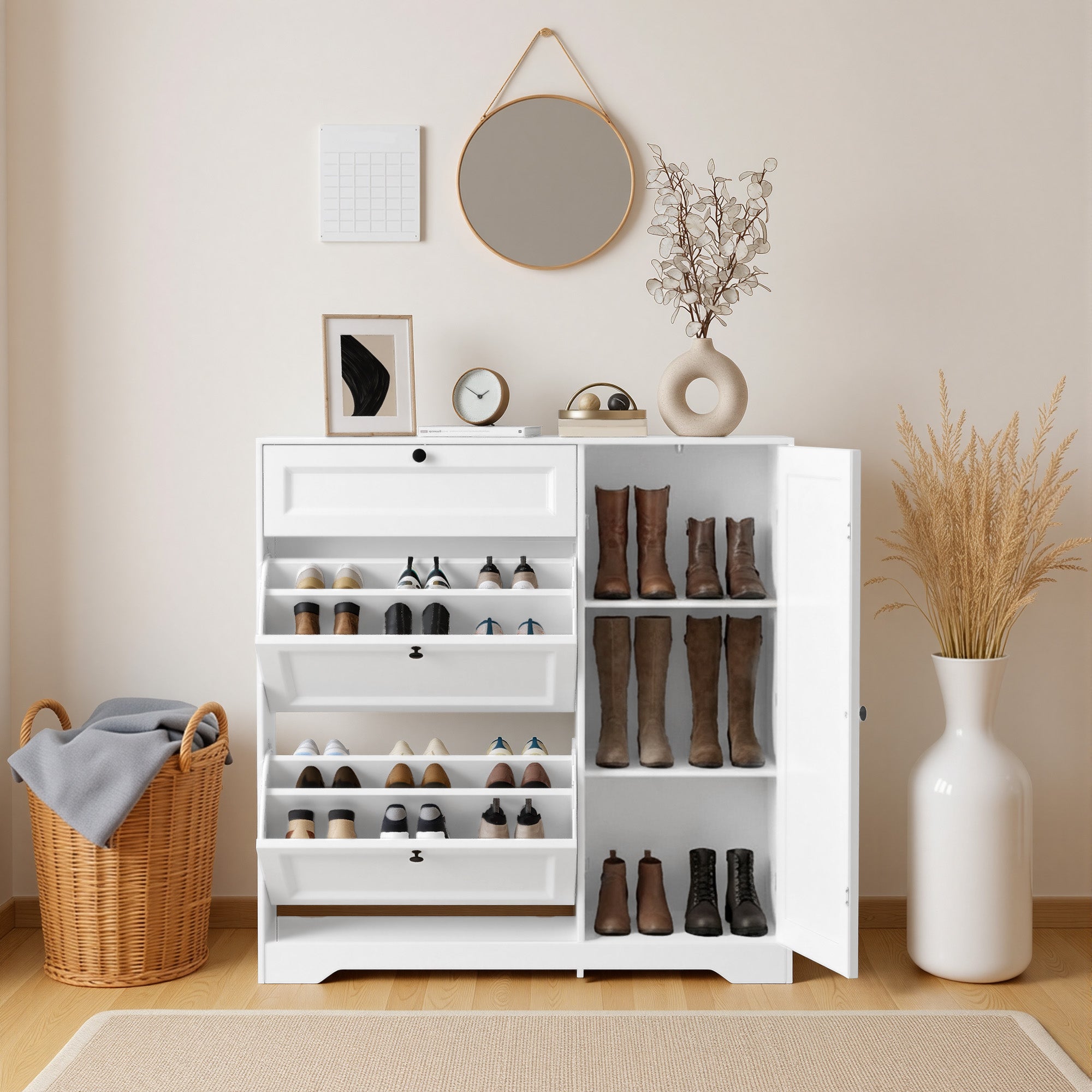 Meuble à chaussures Bealife FS60 3-en-1 avec 2 portes abattantes et 1 placard réglable à deux niveaux