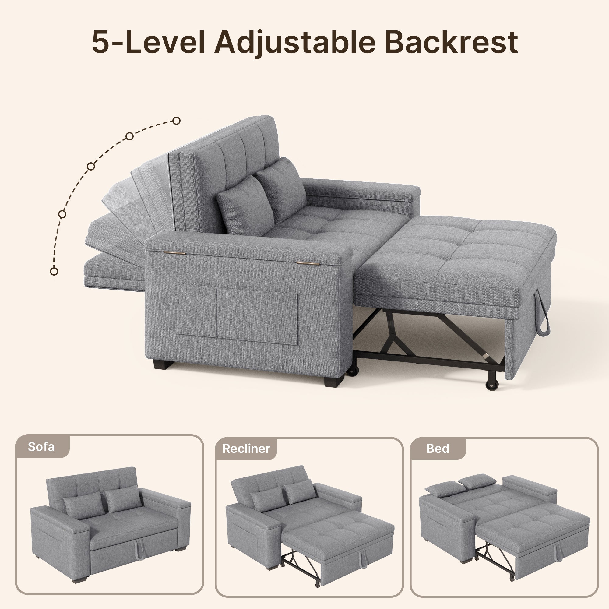 Canapé convertible Bealife AR27, fauteuil multifonction 3-en-1 inclinable avec oreiller