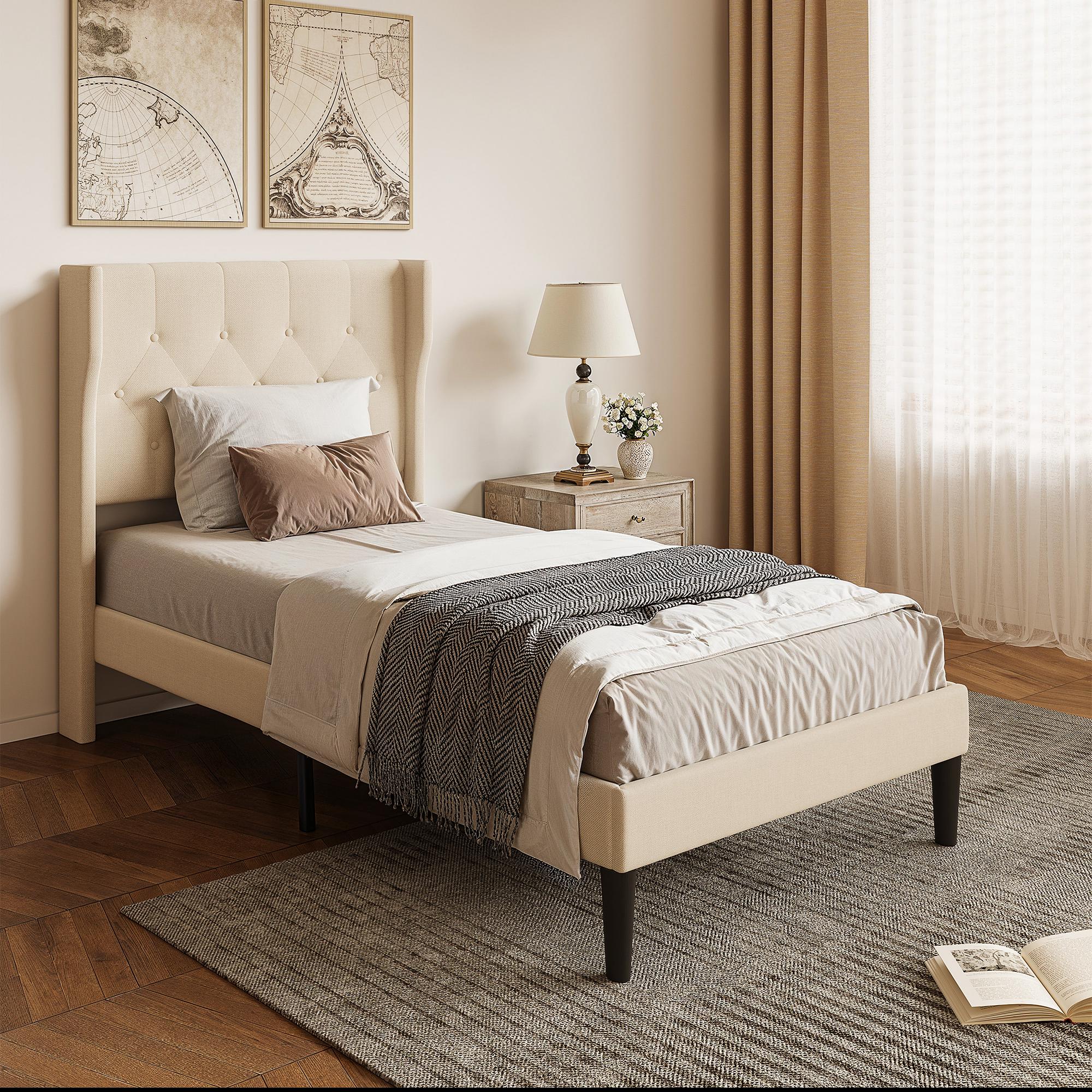 Bealife AF14 Lit capitonné simple 90x200 cm, Lit en tissu moderne avec tête de lit capitonnée et sommier à lattes