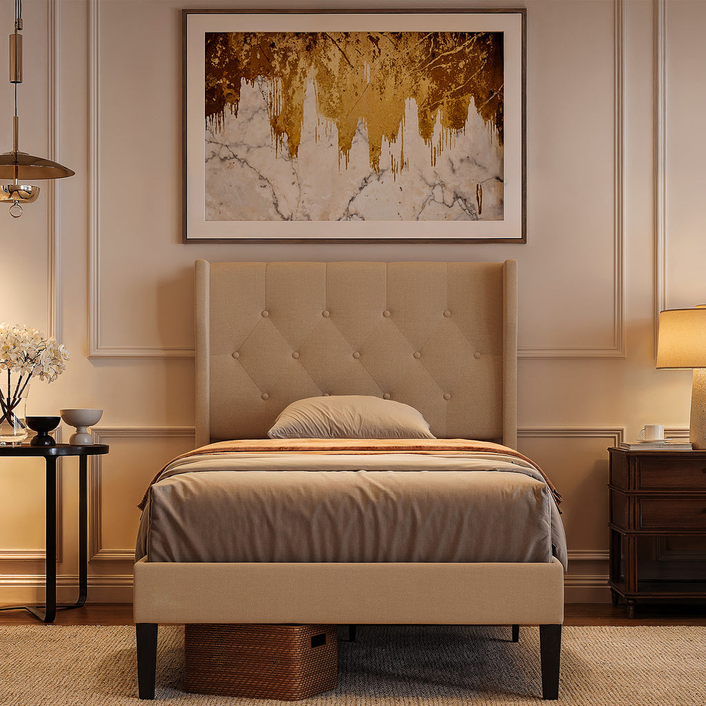 Bealife AF14 Lit capitonné simple 90x200 cm, Lit en tissu moderne avec tête de lit capitonnée et sommier à lattes