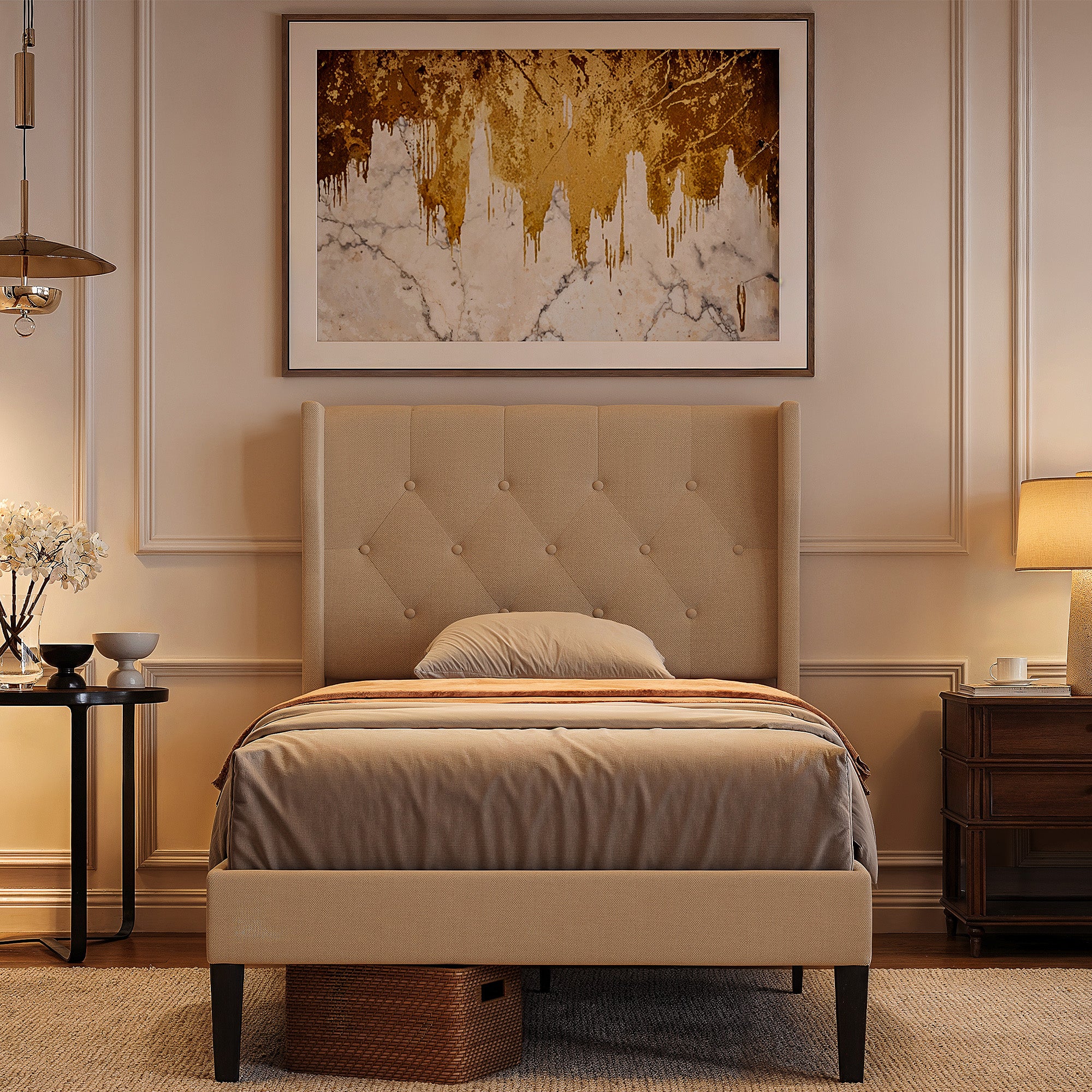 Bealife AF14 Lit capitonné simple 90x200 cm, Lit en tissu moderne avec tête de lit capitonnée et sommier à lattes