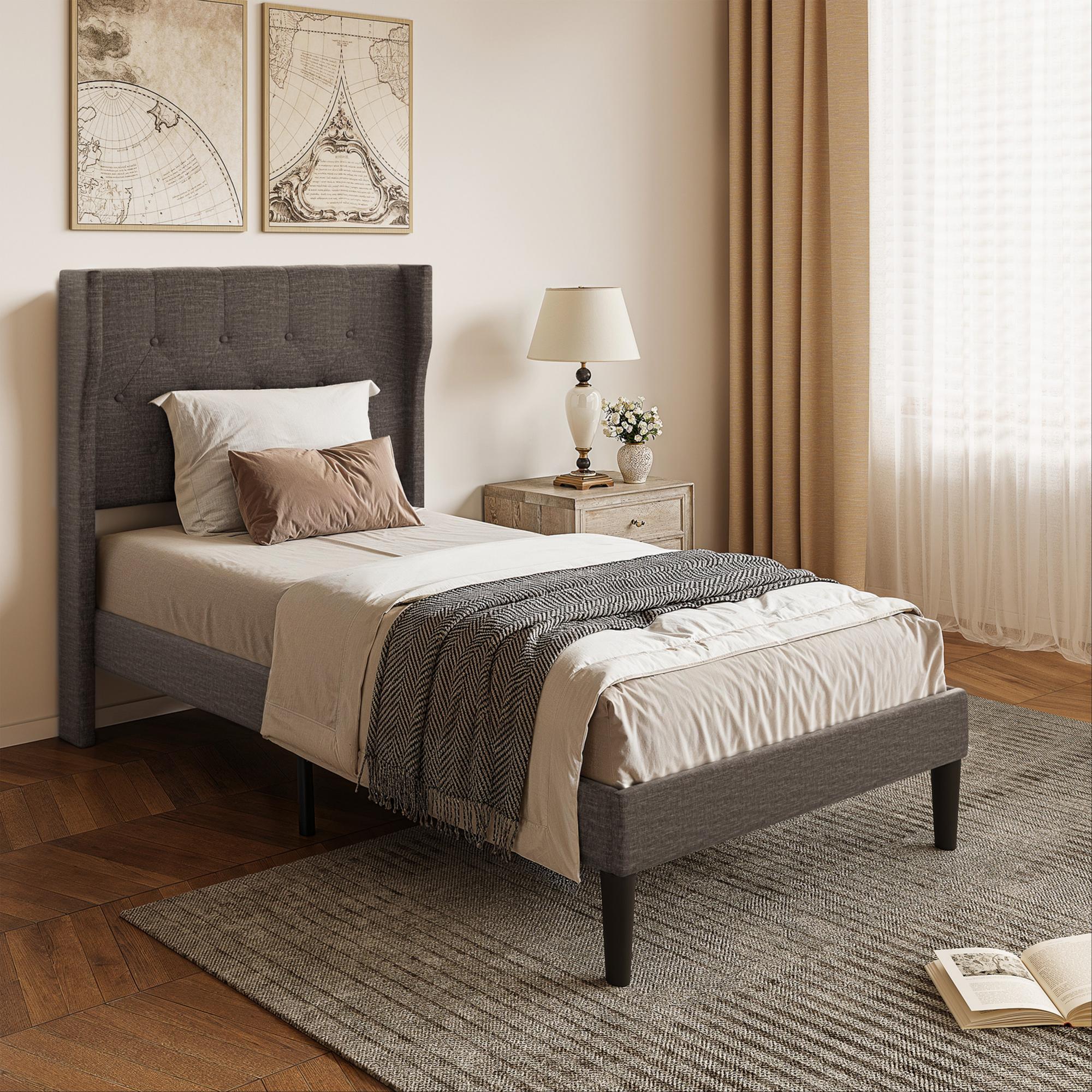 Bealife AF14 Lit capitonné simple 90x200 cm, Lit en tissu moderne avec tête de lit capitonnée et sommier à lattes