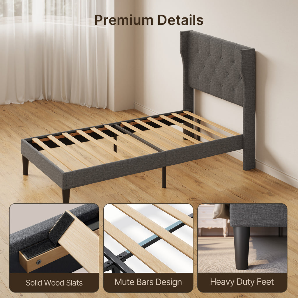 Bealife AF14 Lit capitonné simple 90x200 cm, Lit en tissu moderne avec tête de lit capitonnée et sommier à lattes
