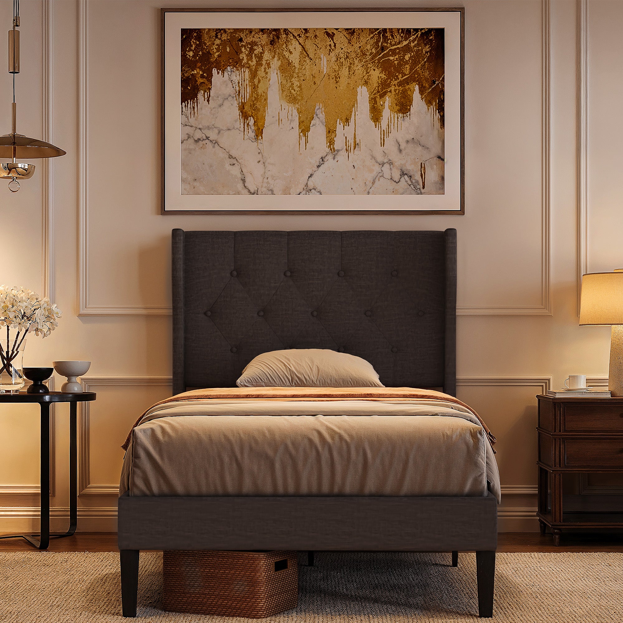 Bealife AF14 Lit capitonné simple 90x200 cm, Lit en tissu moderne avec tête de lit capitonnée et sommier à lattes
