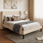 Bealife AF16 Lit français rembourré 140×200 cm, Lit simple de taille intermédiaire avec tête de lit capitonnée et sommier à lattes