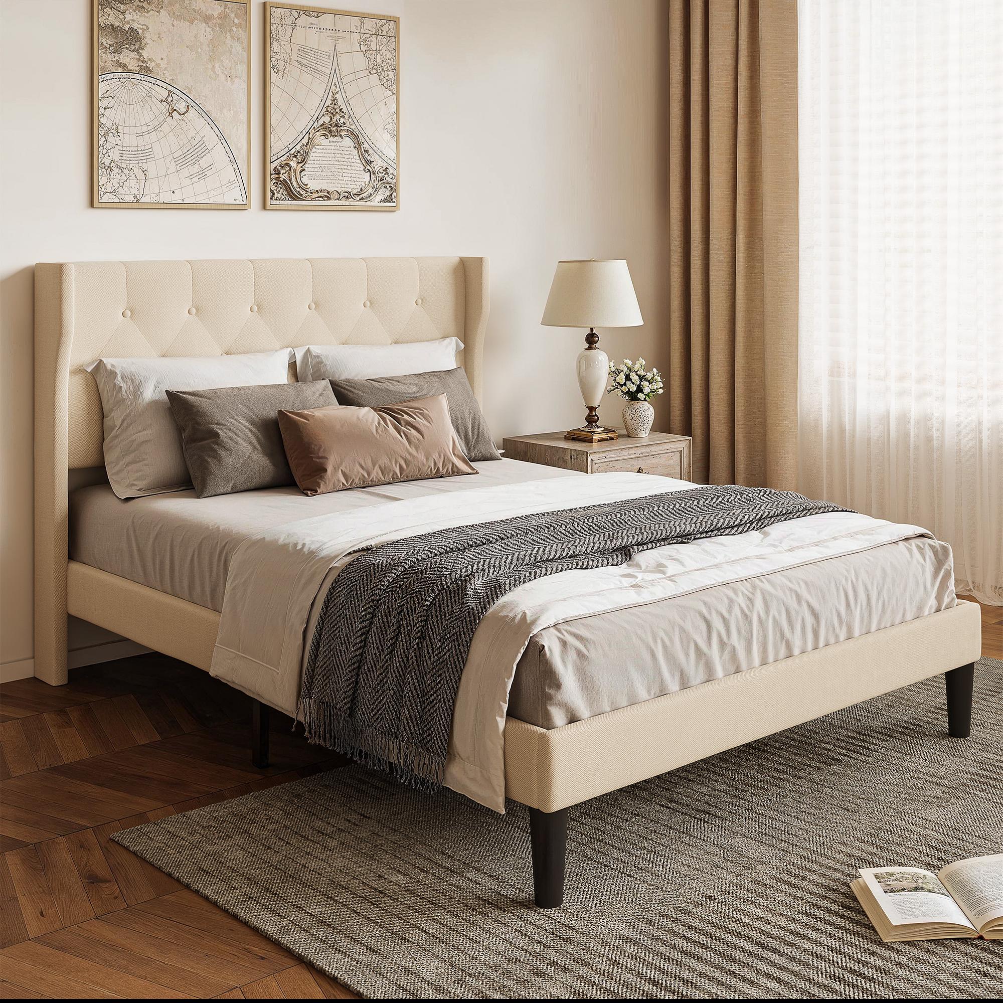 Bealife AF16 Lit français rembourré 140×200 cm, Lit simple de taille intermédiaire avec tête de lit capitonnée et sommier à lattes