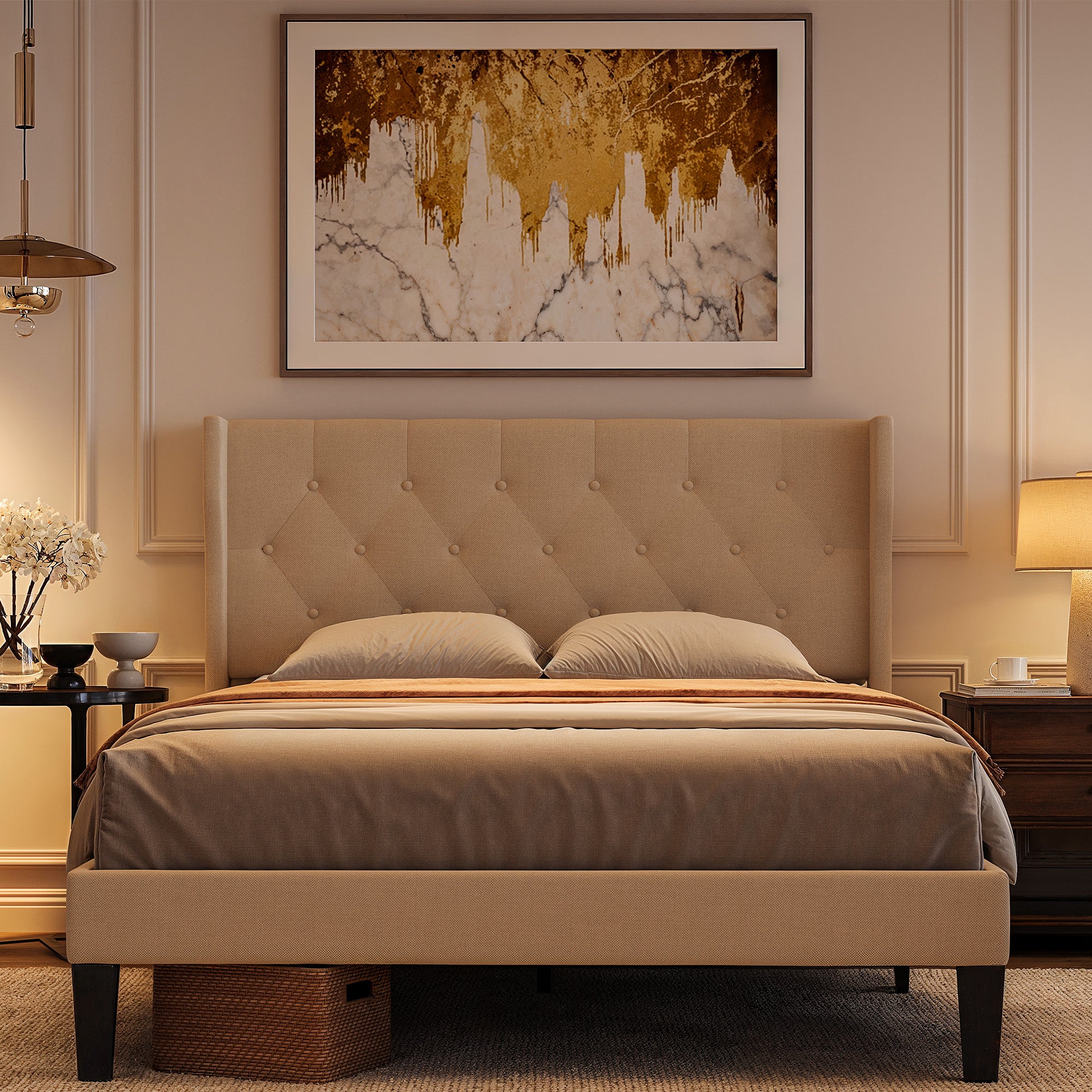 Bealife AF16 Lit français rembourré 140×200 cm, Lit simple de taille intermédiaire avec tête de lit capitonnée et sommier à lattes