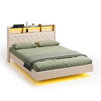 Bealife AF19 Lit double français capitonné 140x200 cm, cadre de lit en métal avec éclairage LED et tête de lit avec rangement