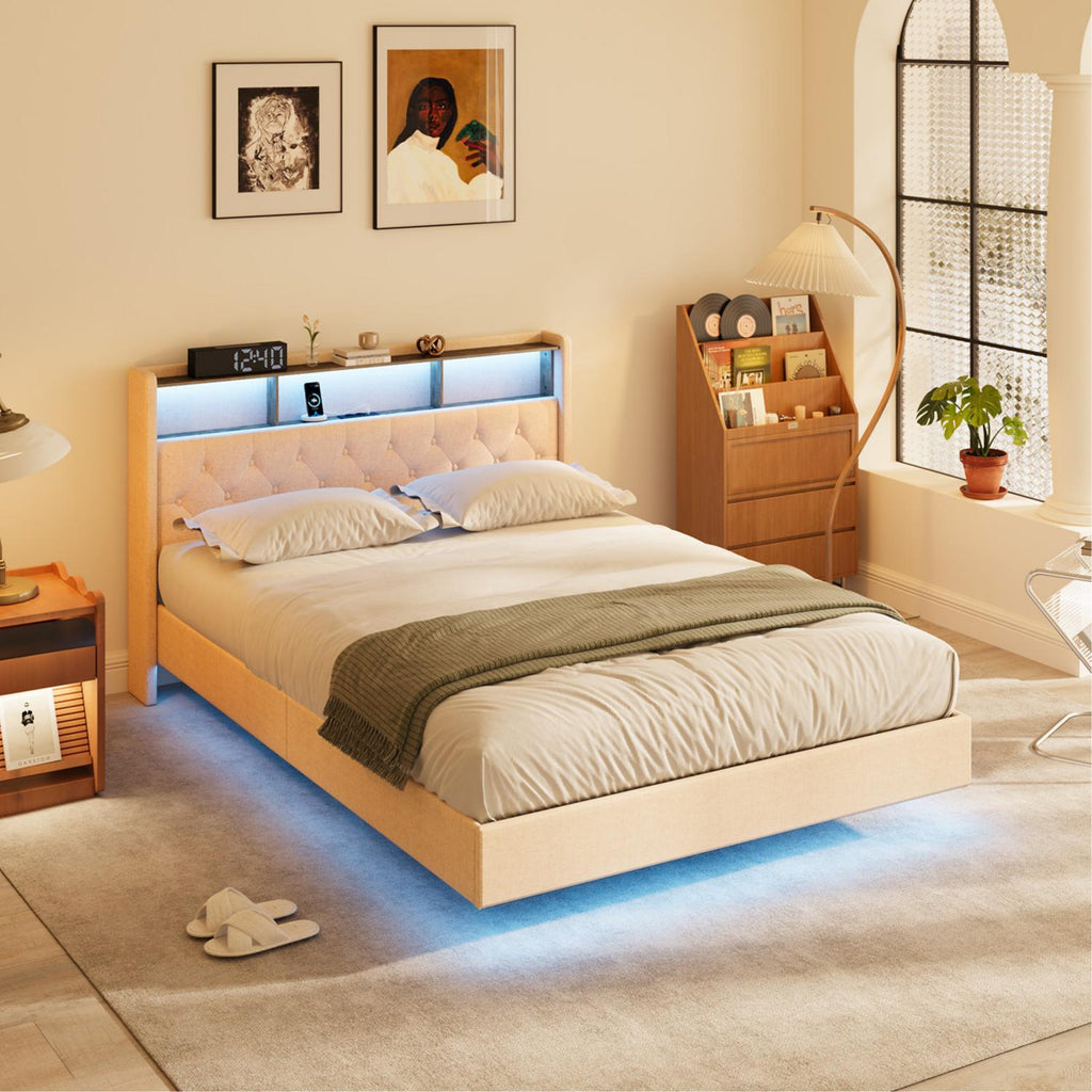 Bealife AF19 Lit double français capitonné 140x200 cm, cadre de lit en métal avec éclairage LED et tête de lit avec rangement