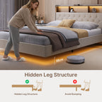 Bealife AF19 Lit double français capitonné 140x200 cm, cadre de lit en métal avec éclairage LED et tête de lit avec rangement