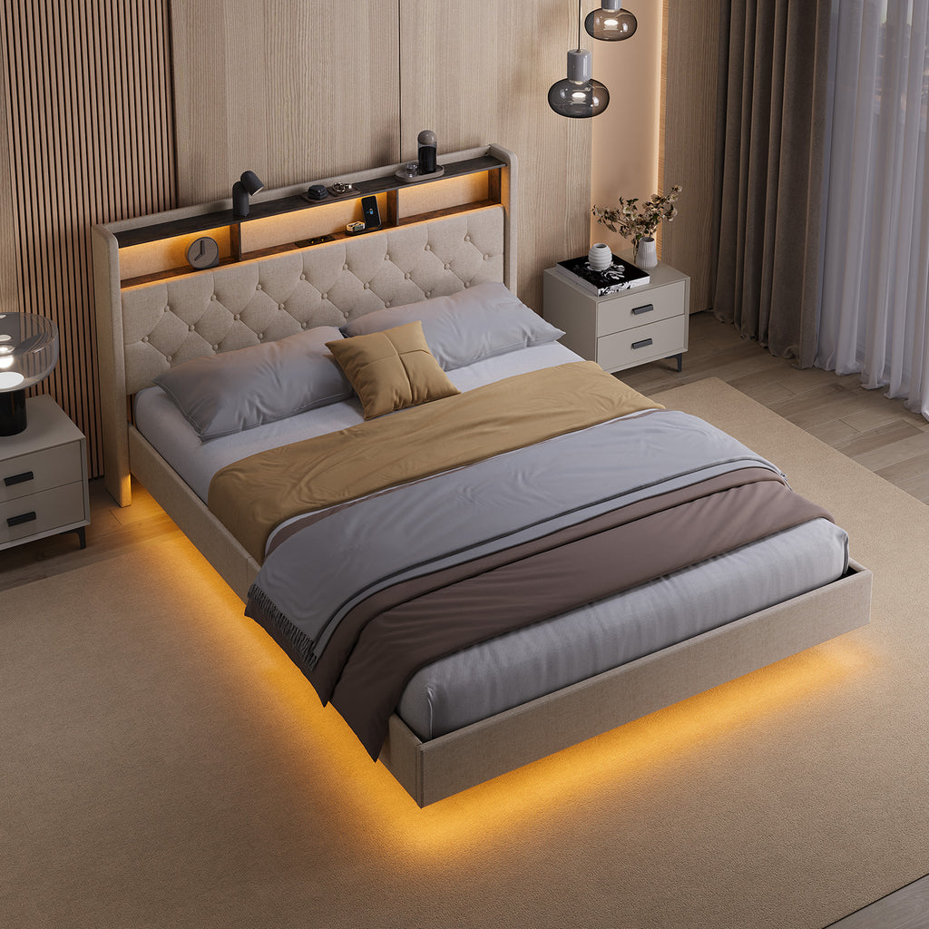 Bealife AF19 Lit double français capitonné 140x200 cm, cadre de lit en métal avec éclairage LED et tête de lit avec rangement