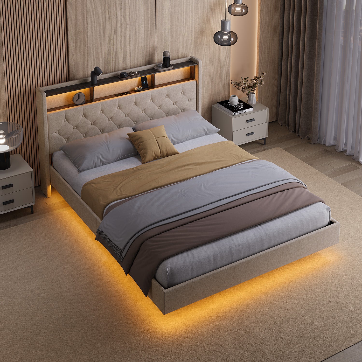 Bealife AF19 Lit double français capitonné 140x200 cm, cadre de lit en métal avec éclairage LED et tête de lit avec rangement