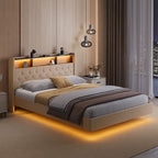 Bealife AF19 Lit double français capitonné 140x200 cm, cadre de lit en métal avec éclairage LED et tête de lit avec rangement