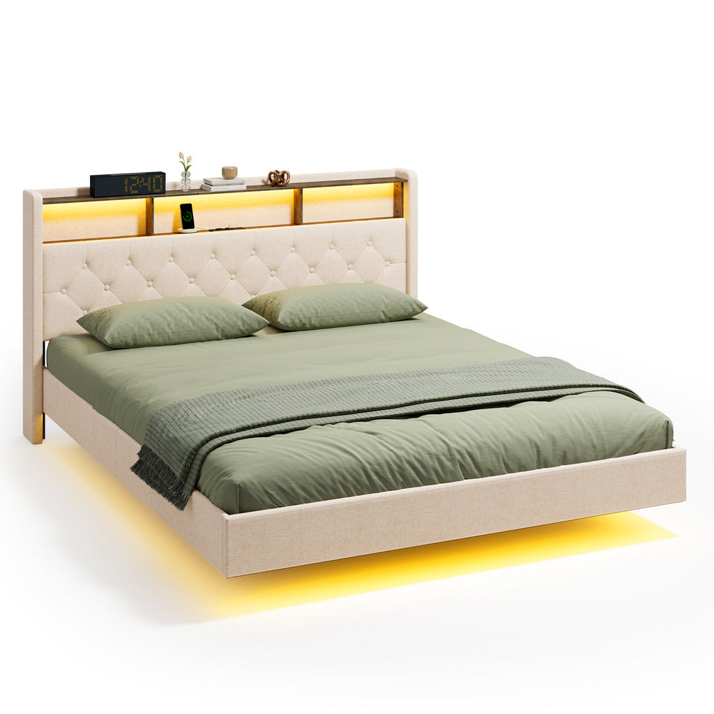 Bealife AF19 Lit rembourré 160x200 cm, Lit double Queen-size avec cadre de lit en métal et tête de lit avec rangement