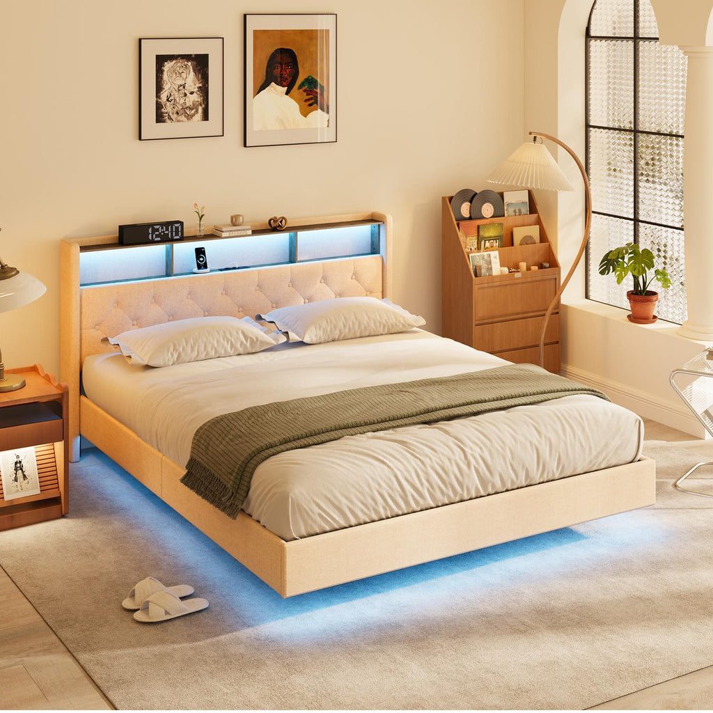Bealife AF19 Lit rembourré 160x200 cm, Lit double Queen-size avec cadre de lit en métal et tête de lit avec rangement