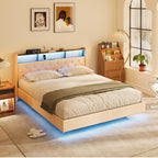 Bealife AF19 Lit rembourré 160x200 cm, Lit double Queen-size avec cadre de lit en métal et tête de lit avec rangement