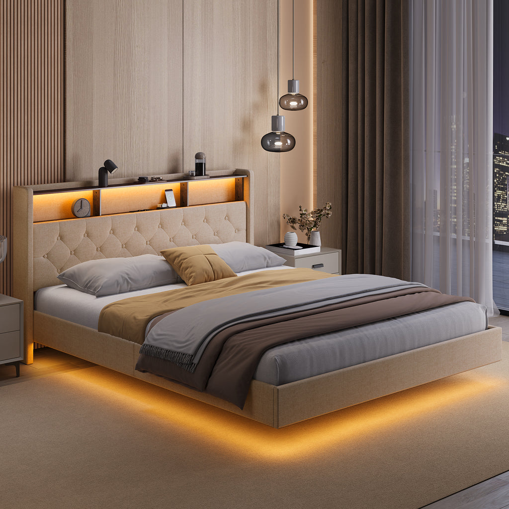 Bealife AF19 Lit rembourré 160x200 cm, Lit double Queen-size avec cadre de lit en métal et tête de lit avec rangement
