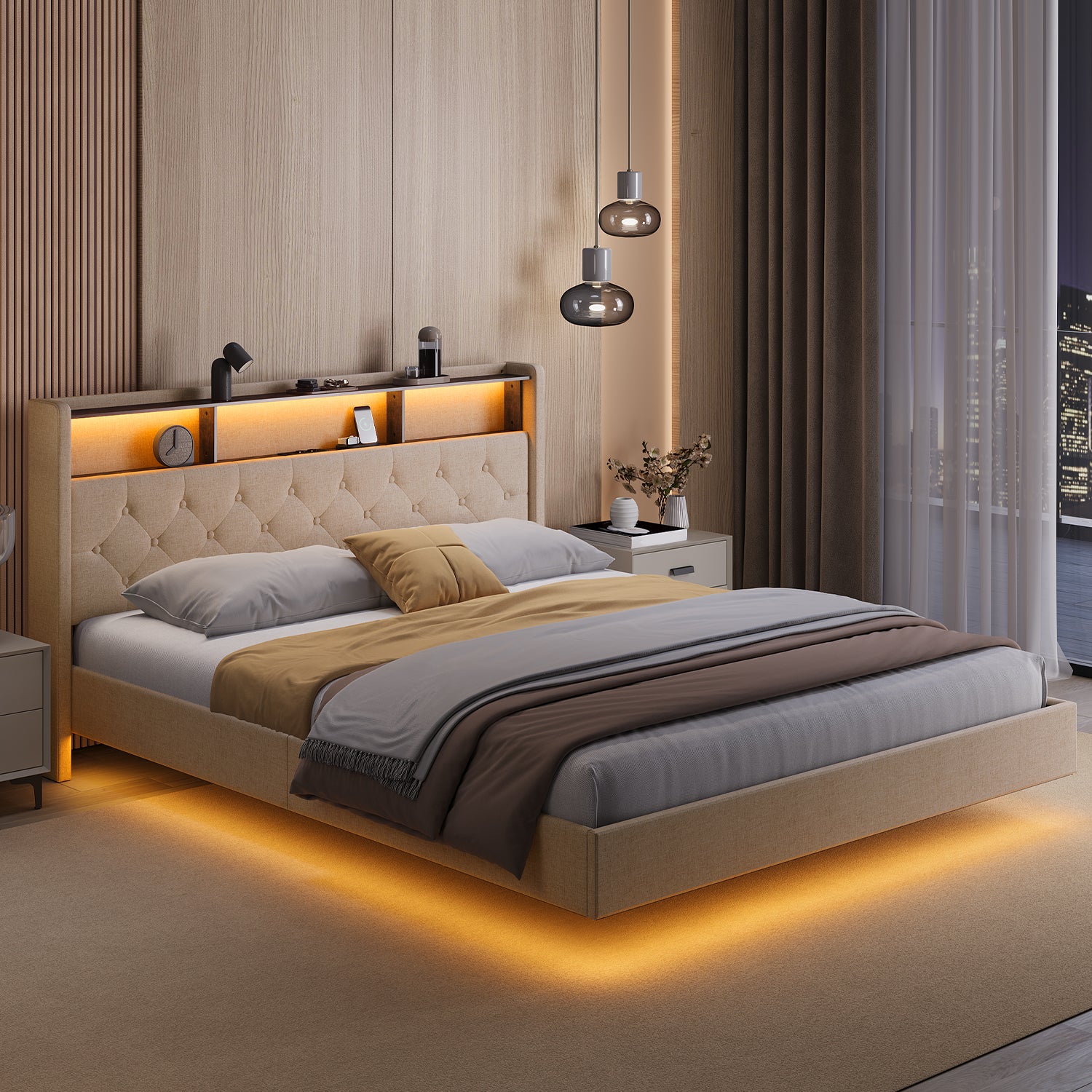 Bealife AF19 Lit rembourré 160x200 cm, Lit double Queen-size avec cadre de lit en métal et tête de lit avec rangement
