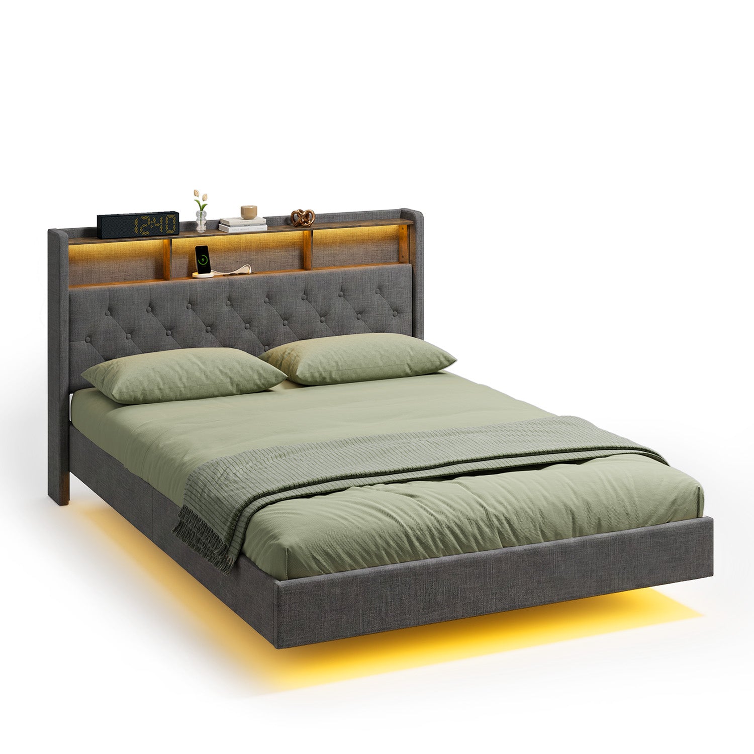 Bealife AF19 Lit double français capitonné 140x200 cm, cadre de lit en métal avec éclairage LED et tête de lit avec rangement
