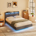 Bealife AF19 Lit double français capitonné 140x200 cm, cadre de lit en métal avec éclairage LED et tête de lit avec rangement