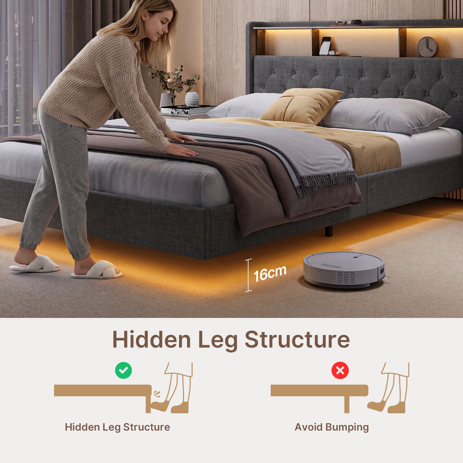 Bealife AF19 Lit double français capitonné 140x200 cm, cadre de lit en métal avec éclairage LED et tête de lit avec rangement