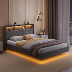 Bealife AF19 Lit double français capitonné 140x200 cm, cadre de lit en métal avec éclairage LED et tête de lit avec rangement