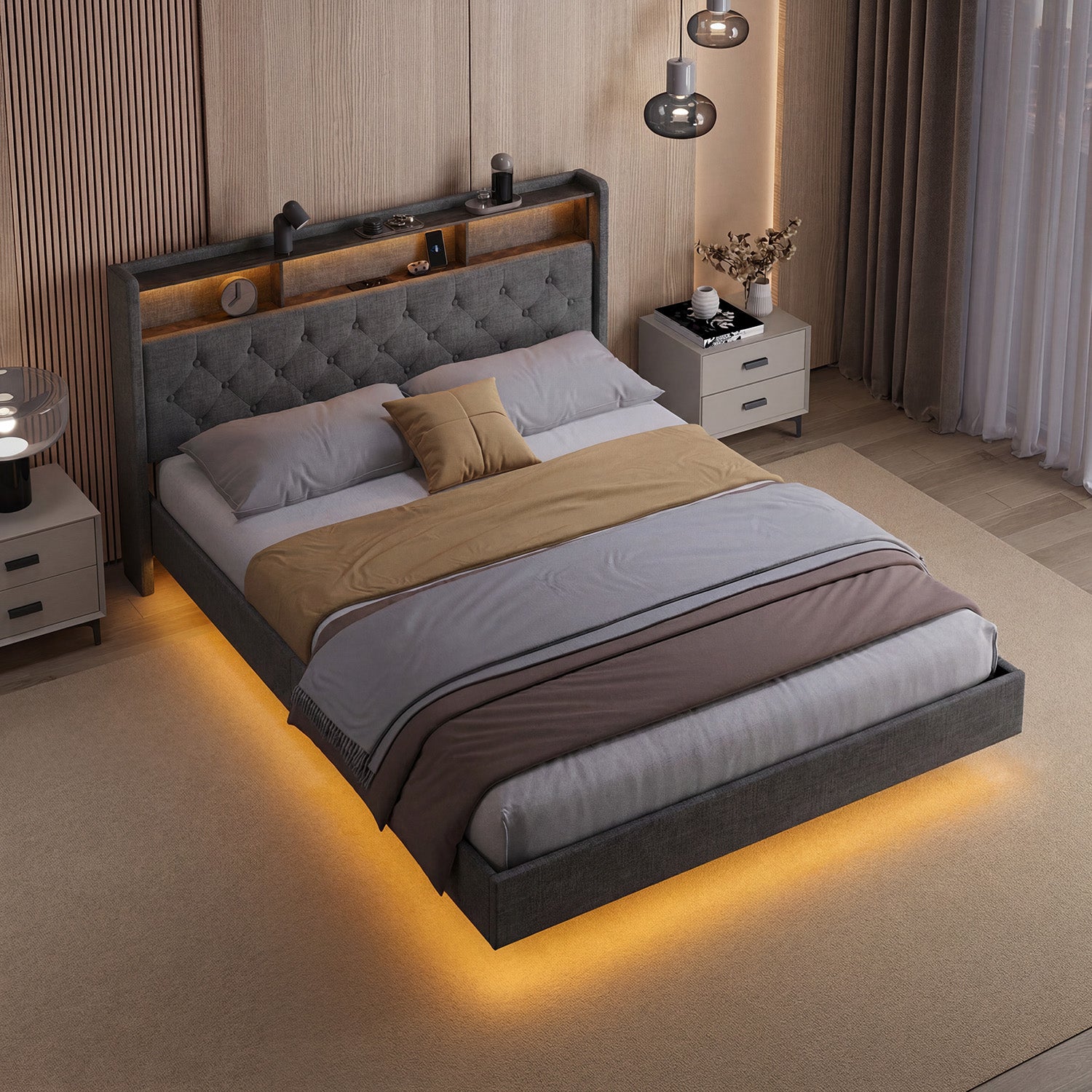Bealife AF19 Lit double français capitonné 140x200 cm, cadre de lit en métal avec éclairage LED et tête de lit avec rangement