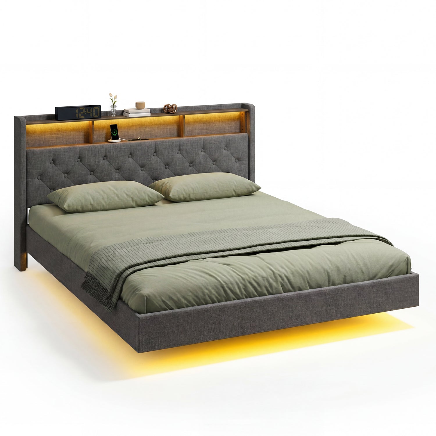 Bealife AF19 Lit rembourré 160x200 cm, Lit double Queen-size avec cadre de lit en métal et tête de lit avec rangement