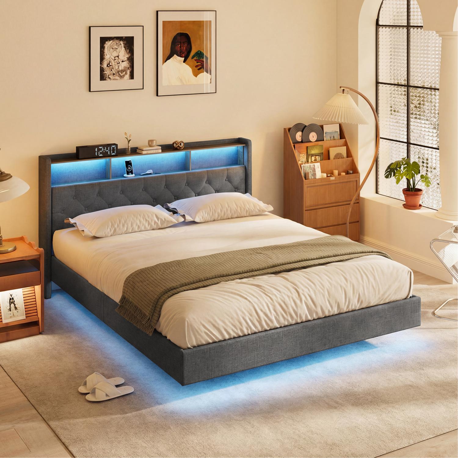 Bealife AF19 Lit rembourré 160x200 cm, Lit double Queen-size avec cadre de lit en métal et tête de lit avec rangement