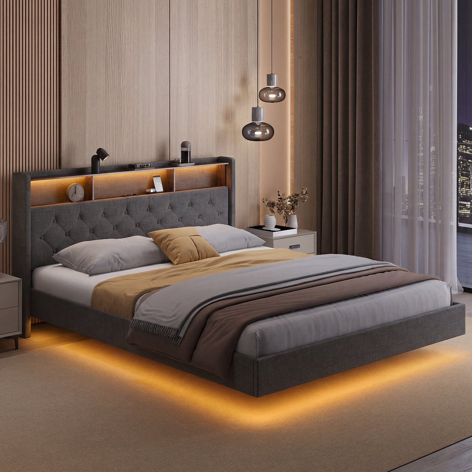 Bealife AF19 Lit rembourré 160x200 cm, Lit double Queen-size avec cadre de lit en métal et tête de lit avec rangement