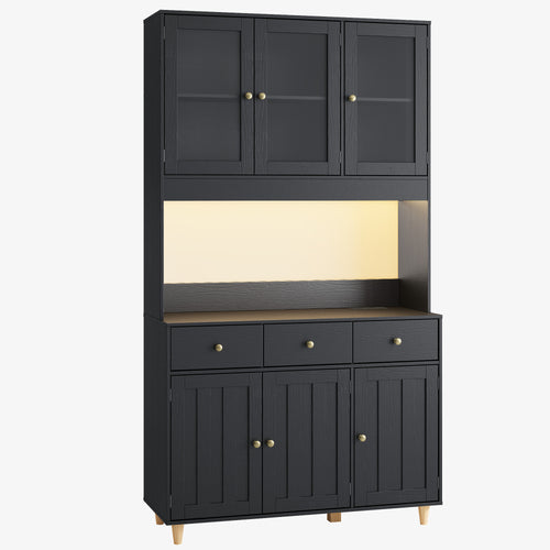 Bealife AP05 Buffet de cuisine avec fenêtre acrylique et éclairage LED 100×38×181 cm, Armoire vitrée haute avec étagères réglables pour salle à manger et salon