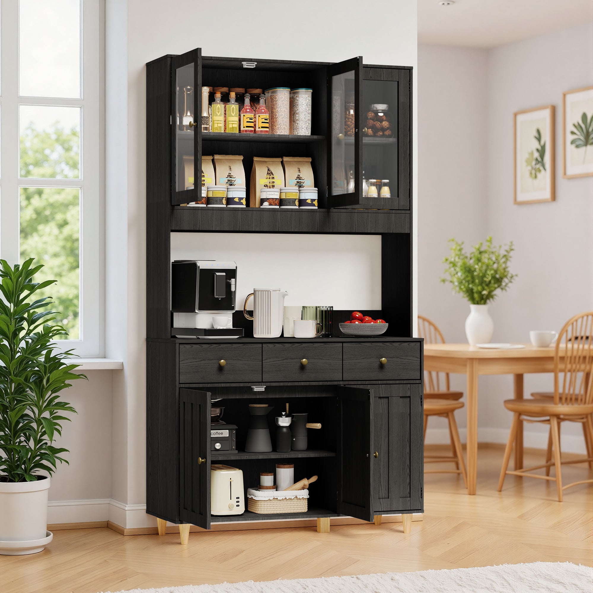 Bealife AP05 Buffet de cuisine avec fenêtre acrylique et éclairage LED 100×38×181 cm, Armoire vitrée haute avec étagères réglables pour salle à manger et salon