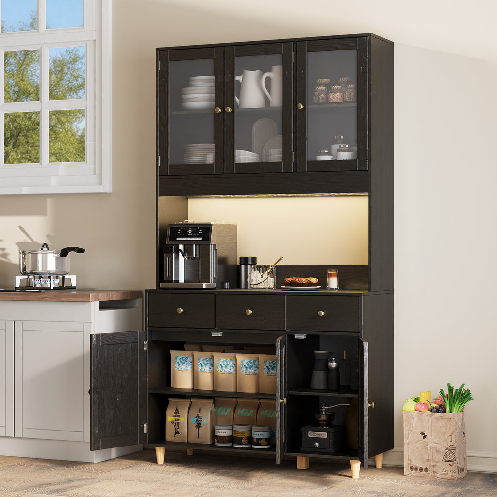 Bealife AP05 Buffet de cuisine avec fenêtre acrylique et éclairage LED 100×38×181 cm, Armoire vitrée haute avec étagères réglables pour salle à manger et salon