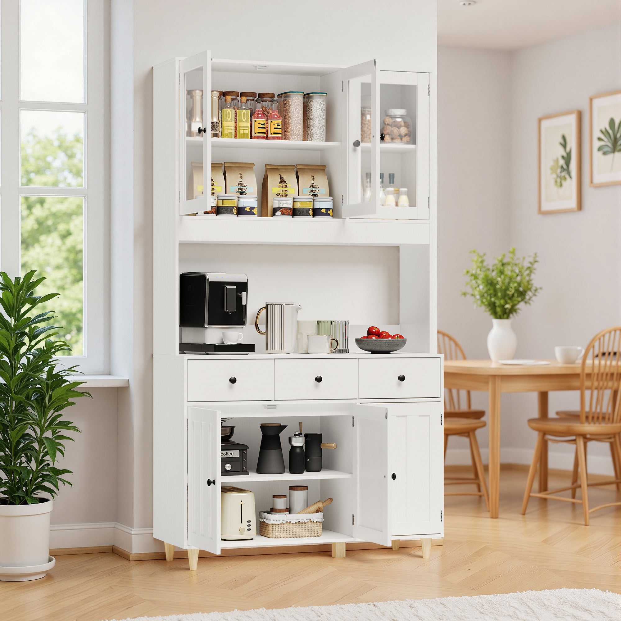 Bealife AP05 Buffet de cuisine avec fenêtre acrylique et éclairage LED 100×38×181 cm, Armoire vitrée haute avec étagères réglables pour salle à manger et salon