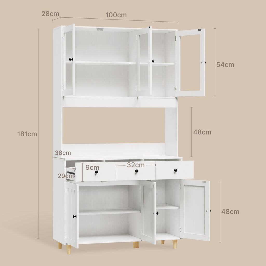 Bealife AP05 Buffet de cuisine avec fenêtre acrylique et éclairage LED 100×38×181 cm, Armoire vitrée haute avec étagères réglables pour salle à manger et salon