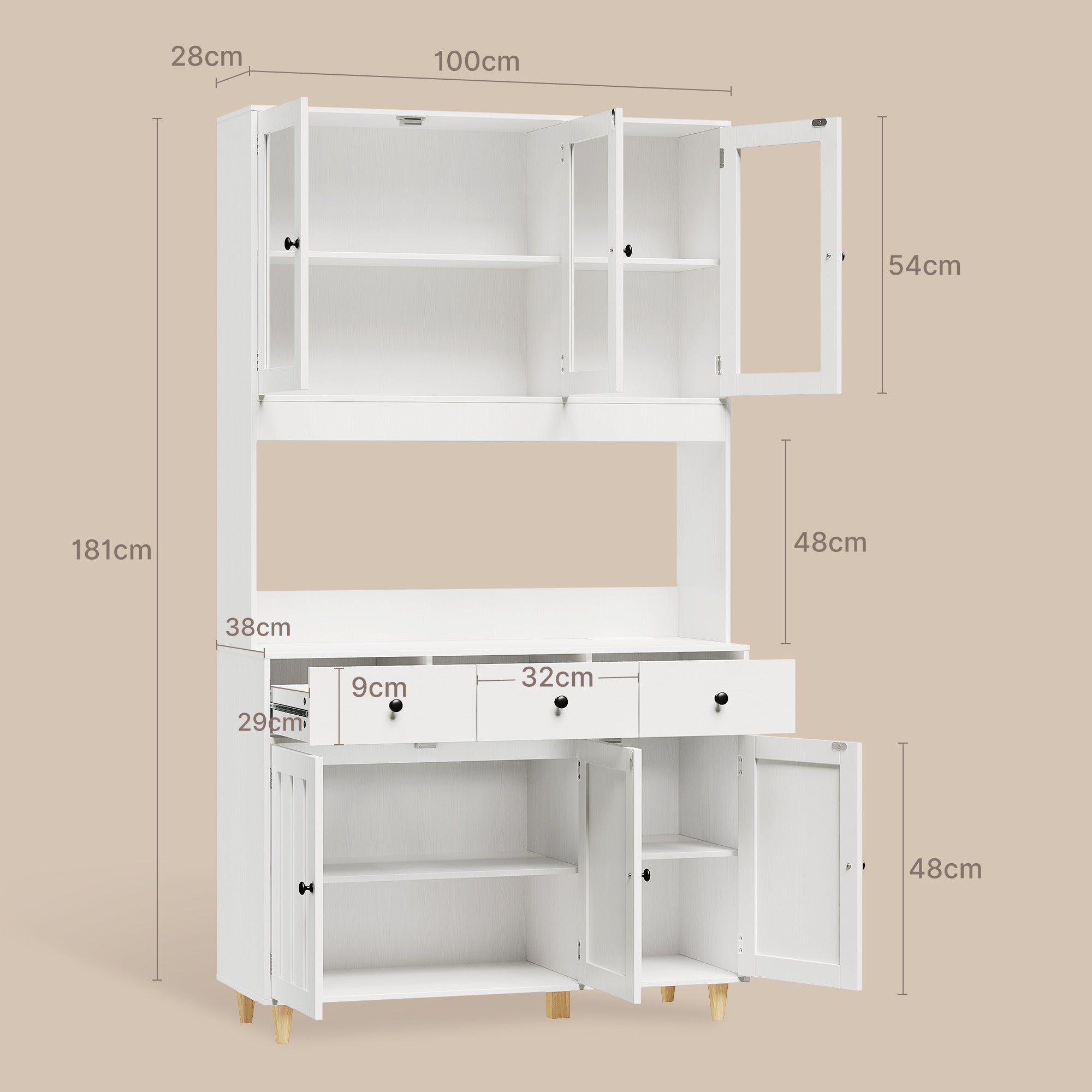 Bealife AP05 Buffet de cuisine avec fenêtre acrylique et éclairage LED 100×38×181 cm, Armoire vitrée haute avec étagères réglables pour salle à manger et salon