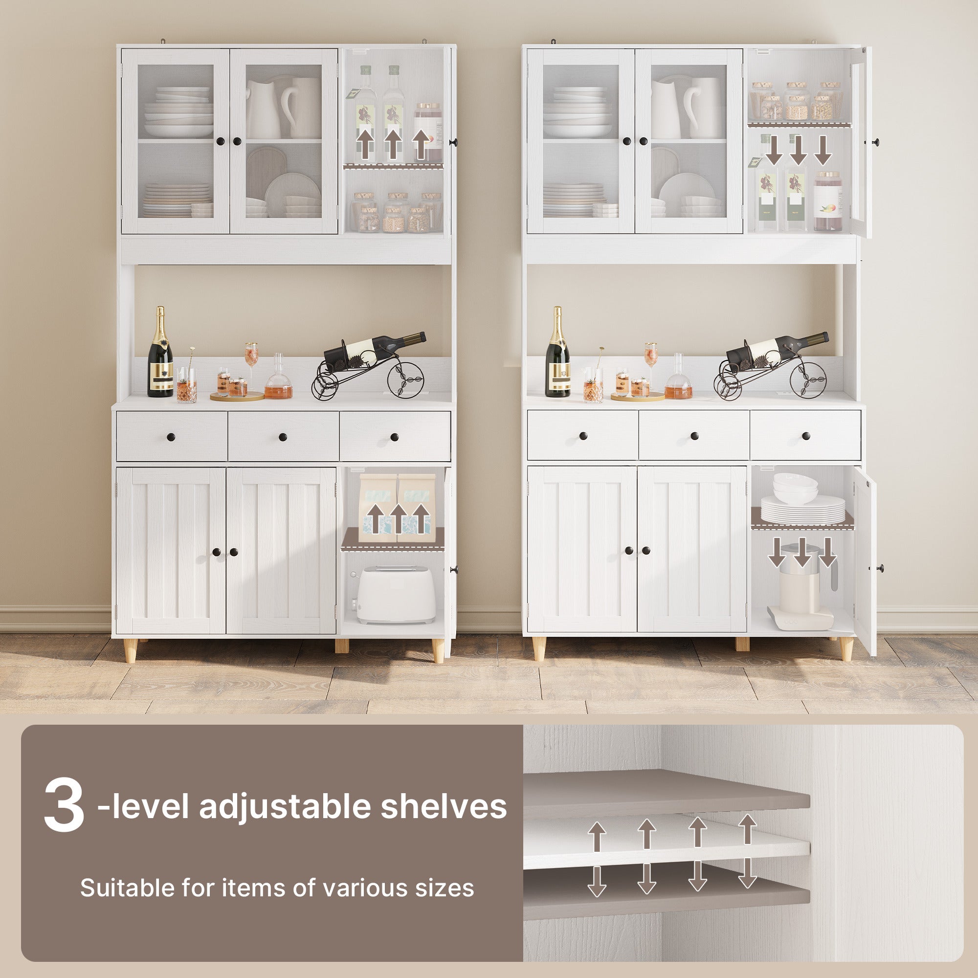Bealife AP05 Buffet de cuisine avec fenêtre acrylique et éclairage LED 100×38×181 cm, Armoire vitrée haute avec étagères réglables pour salle à manger et salon