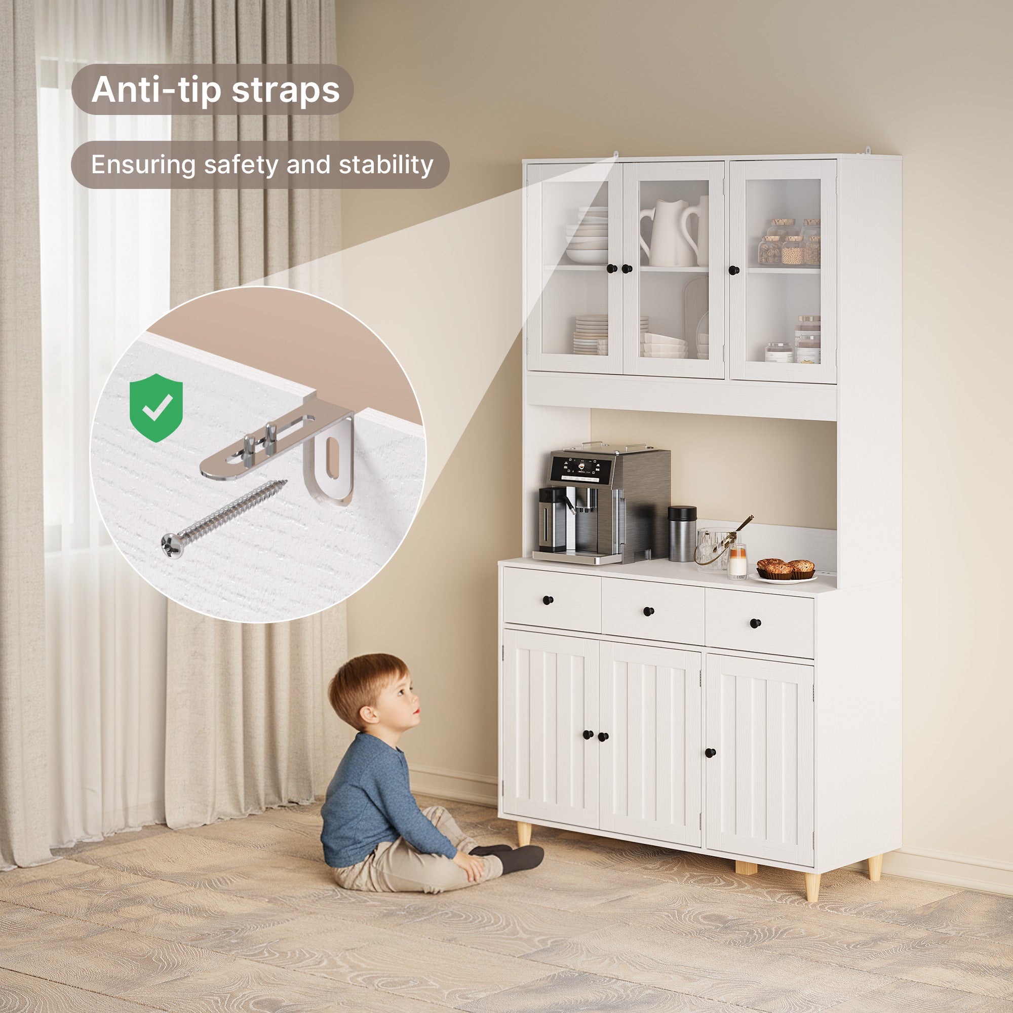 Bealife AP05 Buffet de cuisine avec fenêtre acrylique et éclairage LED 100×38×181 cm, Armoire vitrée haute avec étagères réglables pour salle à manger et salon
