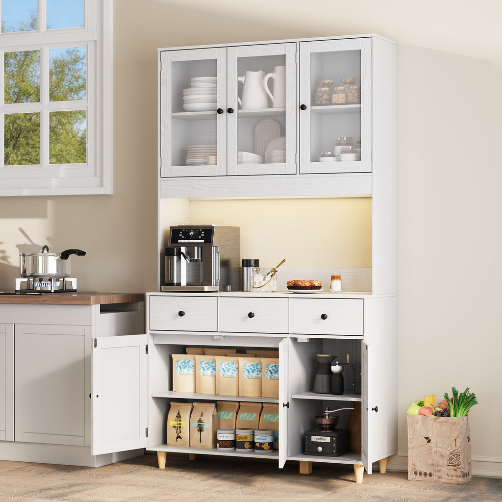 Bealife AP05 Buffet de cuisine avec fenêtre acrylique et éclairage LED 100×38×181 cm, Armoire vitrée haute avec étagères réglables pour salle à manger et salon