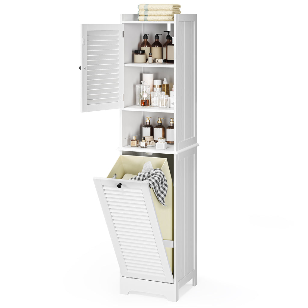 Bealife AP06 Armoire de salle de bain avec panier à linge intégré, Meuble à linge étroit avec dispositif anti-basculement - 40x37x170 cm